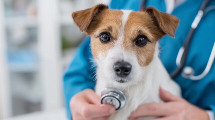 Veterinarian using a stethoscope examining a cute jack russell terrier at veterinary clinic