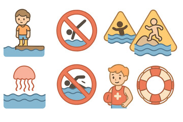 Fototapeta premium Water Safety Icons. Flat vector mini-illustrations water safety danger signs in colors children's illustrations: deep water, no