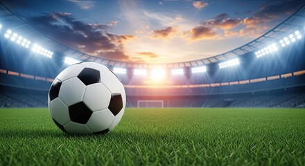Photo of a soccer ball rests on the grass of a soccer field, with the stadium and a sunset in the background, creating a sense of anticipation
