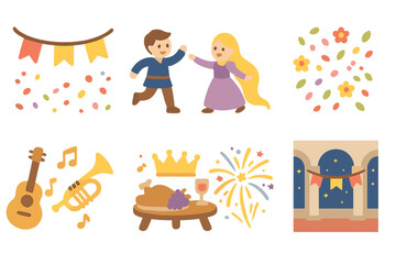 Fototapeta premium Rapunzel's Festive Celebration. Flat vector mini-illustrations Rapunzel celebrations in colors children's illustrations: festive