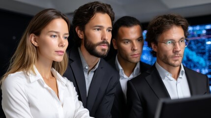 Fototapeta premium Focused Business Team Analyzing Data on Computer Screen in Dimly Lit Office