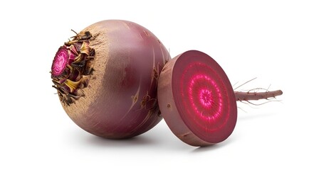 A whole raw beetroot and a cross-section slice revealing its vibrant purple rings, isolated on a white background.