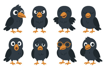 Fototapeta premium Raven Expressions Grid. Flat vector mini-illustrations raven expressions in colors children's illustrations: curious raven, angry