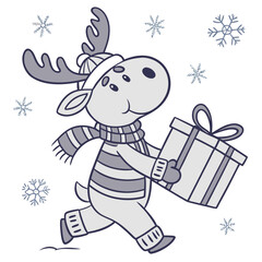 Gentle expression on a Moose in a Cozy winter theme, with carrying a gift box – Frosty Winter vector art
