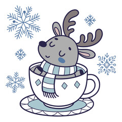 Frosty Winter colored Moose with a Peaceful touch, placed in a Cozy winter theme and styled with in a teacup