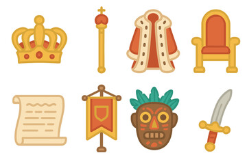 Royal Ceremony Icons. Flat vector mini-illustrations ceremonial ritual in colors children's illustrations: royal crown, scepter,