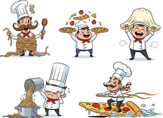 Funny cartoon Italian chef cooking pizza and pasta, happy chef character set, cute food mascot illustration for restaurant, kitchen, menu design
