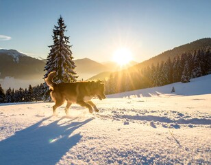 Dog running in snowy mountains at sunset