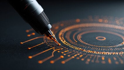 Close-up of a pen drawing a glowing orange circuit diagram