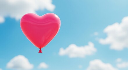 Fototapeta premium Pink heart shaped balloon floating in blue sky with white clouds. Love and celebration concept for greeting card.