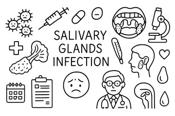 Salivary Gland Doodle. Hand-drawn doodle illustration salivary glands infection bacteria, salivary glands, syringe, pill,