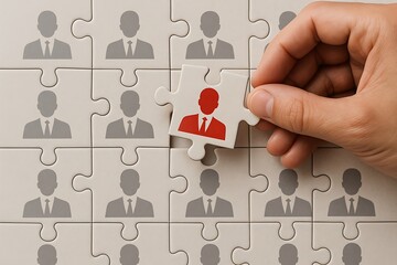 Employment recruitment concept showing puzzle piece with candidate employee highlighted in red fitting into human resources management team business hiring strategy and workforce growth success