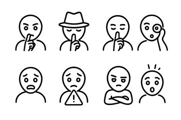 Secret Emotions Icons. Outline icon set of secret emotions: suspicion, secrecy, silence, curiosity, fear, caution, distrust,