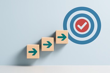 Business strategy achievement concept with three wooden blocks showing arrow sign climbing upward leading to red target goal with check mark in middle of dartboard successfully