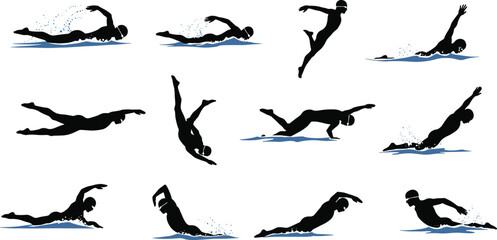 Swimming athlete silhouette vector set, freestyle swimmers, diving motion, underwater moves, sport activity, splash effect, swim training poses, aquatic sports illustration icons