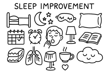 Sleep Essentials Doodle. Hand-drawn doodle illustration Sleep improvement programs bed, moon, stars, sleep mask, alarm clock,