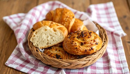 Wicker Basket with Baked Goods on a Rustic Checkered Cloth