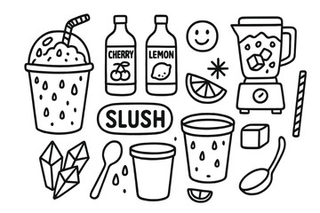 Obraz premium Slush Doodle Icons. Hand-drawn doodle illustration flavored slush varieties slush cup, syrup bottles, fruit slices, ice crystals,