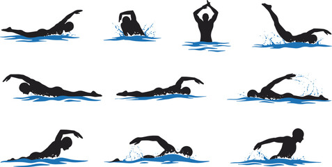 Swimming silhouette vector set, freestyle stroke, butterfly stroke, breaststroke, backstroke, swimmers in water, athlete poses, water sports illustration, black swimmer icons