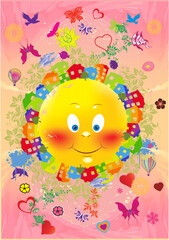 composition with fairytale colorful houses and the sun