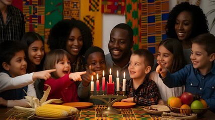 Happy diverse and multicultural group of families and friends celebrating Kwanzaa together - Powered by Adobe