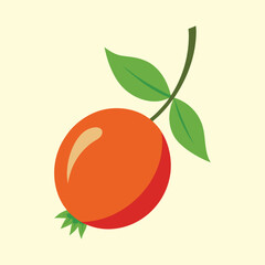Stylized illustration of a single rosehip with green leaves on a branch