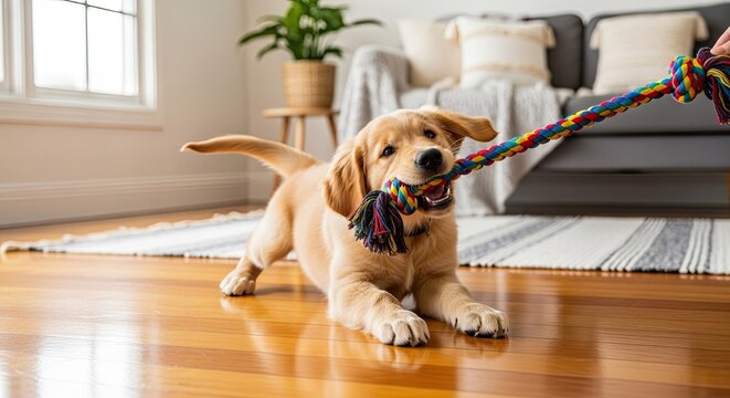 Photo of adorable golden retriever puppy playing tug of war with a colorful rope toy on a wooden floor in a cozy living room, enjoying a playful moment - Powered by Adobe