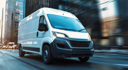 Fototapeta premium Fast delivery van navigating city streets in daylight with motio