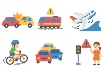 Sudden Transport Events Icons. Flat vector mini-illustrations sudden transportation events in colors children's illustrations: car