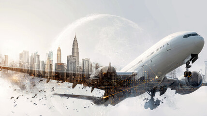 Obraz premium Double exposure of airplane and cityscape illustrating global lo