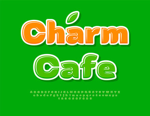 Vector Creative signboard Charm Cafe. Fashion Green Font. Stylish Glossy Alphabet Letters and Numbers set.