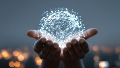 Hands holding glowing digital sphere