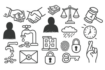 Fototapeta premium Symbols of Corruption. Hand-drawn doodle illustration unethical behavior bribe hand, shaking hands, money bills, broken scale,