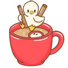 Cute kawaii baby silly goose illustration sitting in between two cinnamon sticks on top of apple cider mug adorable hand drawn cartoon style artwork perfect for children nursery prints greeting cards 