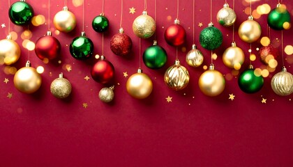 Festive red background with hanging ornaments; gold stars and bokeh