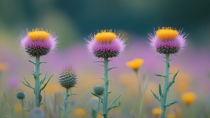 Obraz premium Pink and Yellow Thistle Flowers in Field, Soft Focus Background