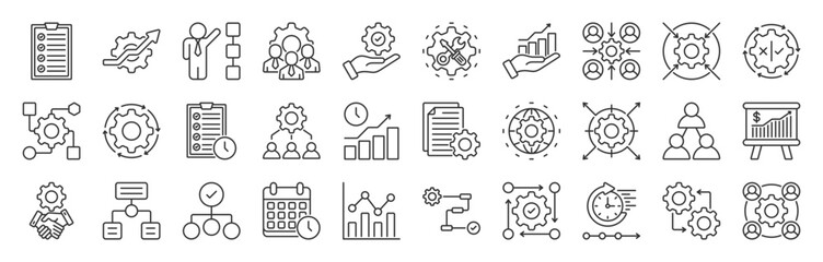 Workflow line icon set collection. Included planning, scheme, process, flowchart, progress, management, automation and more. Editable stroke. Vector illustration eps 10