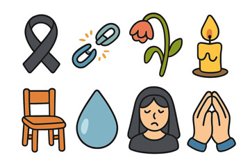 Tragedy Symbols Collection. Flat vector mini-illustrations tragedy symbols in colors children's illustrations: black ribbon,