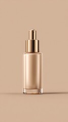 Clear Glass Dropper Bottle With Golden Cap Containing Foundation Against Beige Background