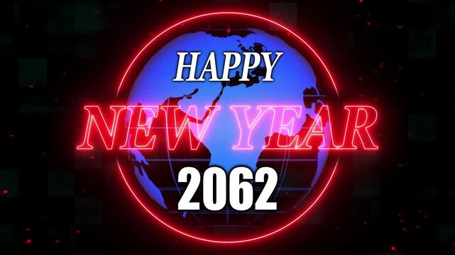 Animation of happy new year 2062  red letters. Alpha Channel and grid and global Screen background. A beautiful animated Happy new year background with abstract element and textures