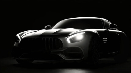 Fototapeta premium Luxury sports car silhouette with headlights shining against a b