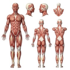 Anatomical illustration of human muscular system from multiple views
