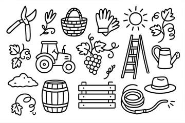 Fototapeta premium Vineyard Tools Doodle. Hand-drawn doodle illustration Vineyard tools pruning shears, basket, gloves, watering can, tractor, ladder