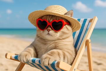 Cat relaxing on summer beach chair wearing stylish straw hat and red heart sunglasses under sunlight enjoying tropical vacation holiday fun with cute pet animal lifestyle concept