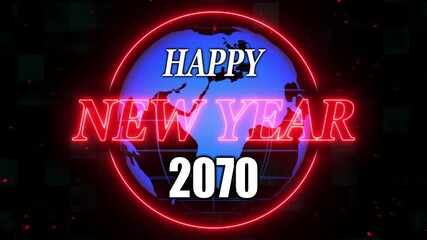 Animation of happy new year 2070 red letters. Alpha Channel and grid and global Screen background. A beautiful animated Happy new year background with abstract element and textures