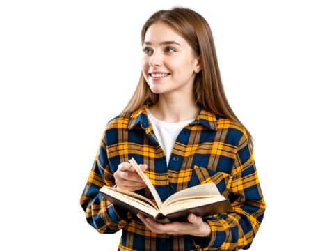 Young female student holding and reading a book isolated on transparent background - Powered by Adobe