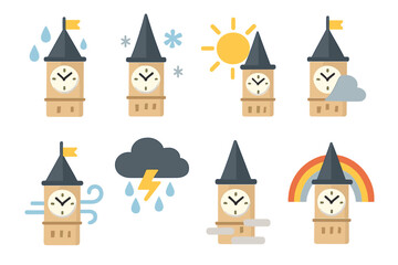 Naklejka premium Weather Icon Grid. Flat vector mini-illustrations clock tower weather effects in colors children's illustrations: rain droplets,