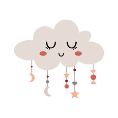Boho cloud clipart with cute face. Cartoon celestial character. Vector illustration.