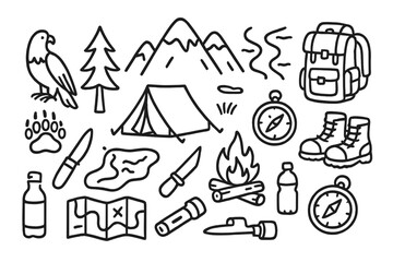 Fototapeta premium Wilderness Adventure Icons. Hand-drawn doodle illustration Mountain wilderness adventure mountain, pine tree, tent, backpack,