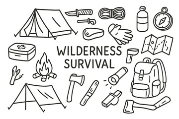 Fototapeta premium Wilderness Survival Icons. Hand-drawn doodle illustration Wilderness survival camping tent, knife, firestarter, rope, water bottle